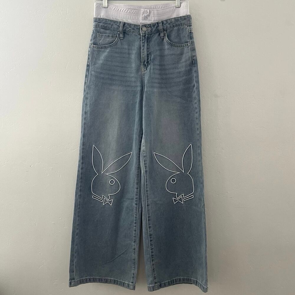 Playboy Embroidered Bunny Logo Wide Leg Jeans Denim Y2K Juniors Size 9/30 NEW - Picture 2 of 11